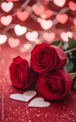 Three Red Roses with Heart Bokeh Lights and Glitter on Red Background love romance