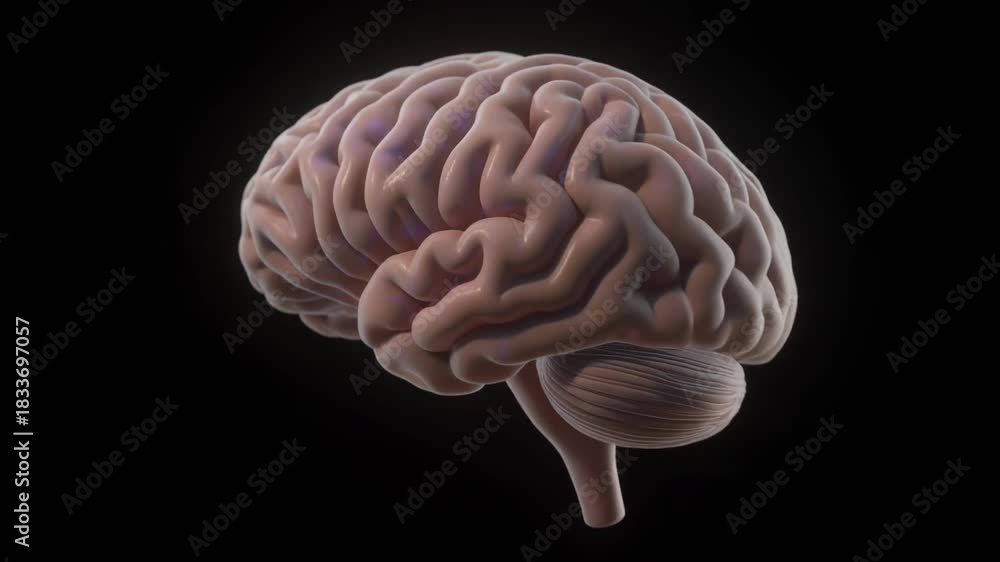 Detailed 3D Animation of a Human Brain Rotating Slowly Showing Gyri and ...