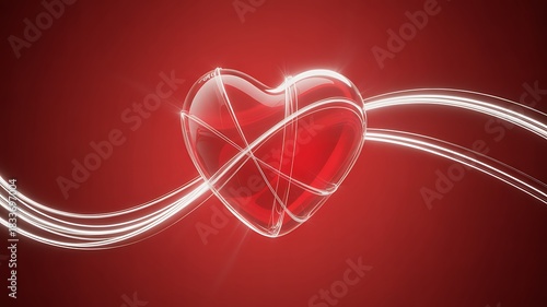 Transparent red heart with white light streaks on a red background love glass