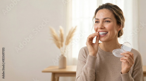 Woman smiling while adjusting a clear dental aligner