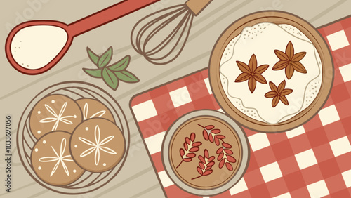 Delicious baking scene with cookies spices and kitchenware for recipe and food blog illustration