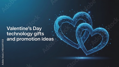 Two glowing blue polygonal hearts with digital network lines and sparkles on dark blue background