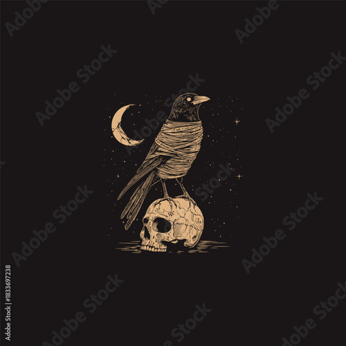 dark gothic illustration featuring a crow or raven wrapped in bandages, perched on top of a human skull, set against a black night sky with a crescent moon and stars