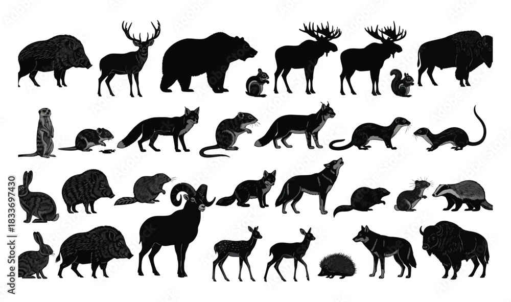 Fototapeta premium Extensive wild animal silhouettes collection on white, diverse mammals vector