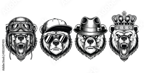 Stylized monochrome bear heads showcasing diverse personas and accessories.