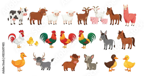 Charming cartoon farm animals vector set: diverse livestock and poultry.