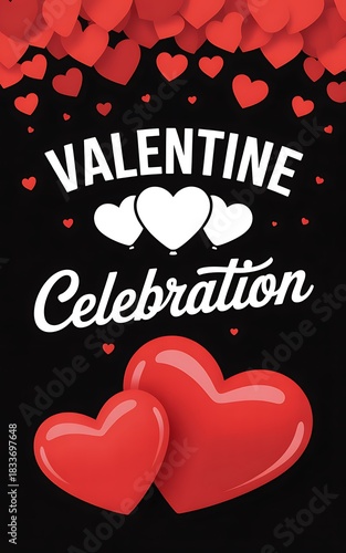 Valentine Celebration Text with Hearts and Balloons on Black Background love