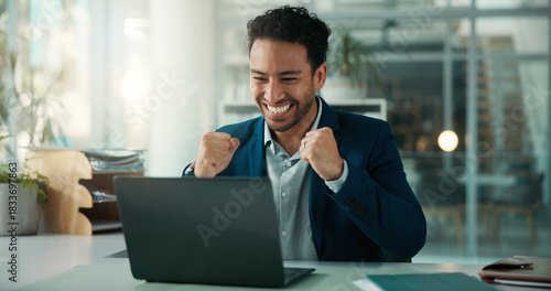 Canvastavla Fist pump, investment and laptop with business man at desk in glass office for financial success