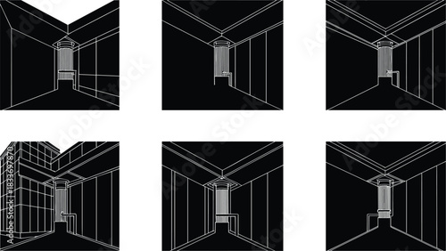 Architectural corridor perspective with central column, modern hallway design, interior depth study, flat vector