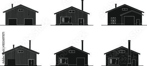 Architectural house elevation silhouettes, cabin front views, pitched roof designs, chimney structures, porch details - flat vector