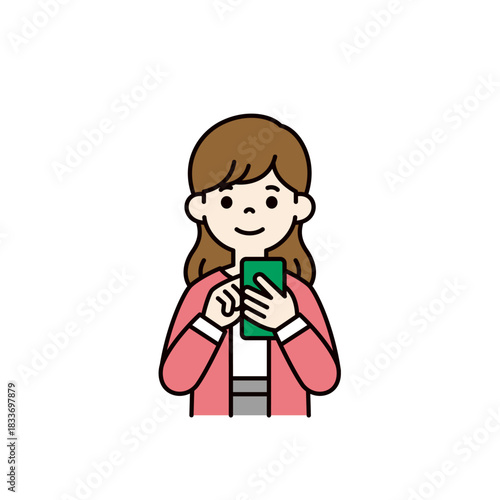 笑顔でスマートフォンを操作する、20代・30代の女性の上半身ベクターイラスト素材＿カラー