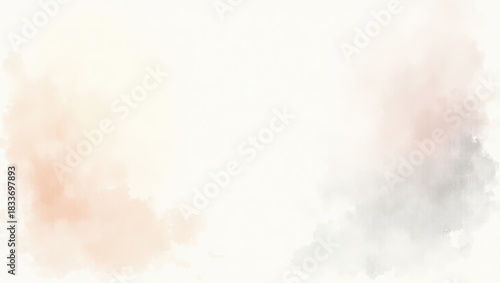 Delicate watercolor washes display soft hues of peach and gray blending elegantly against a pristine white background, showcasing a tranquil and ethereal ambiance, perfect for adding a gentle...