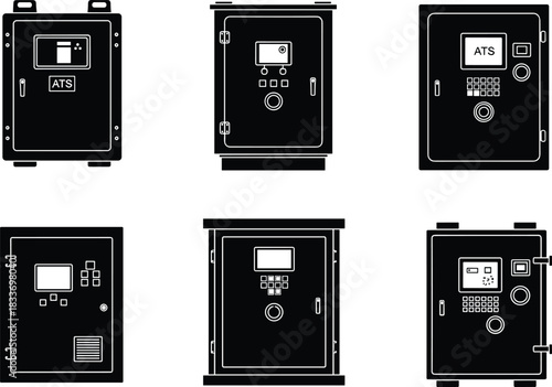 Automatic transfer switch control panels, power source switching units, electrical backup systems, silhouette icons, flat vector