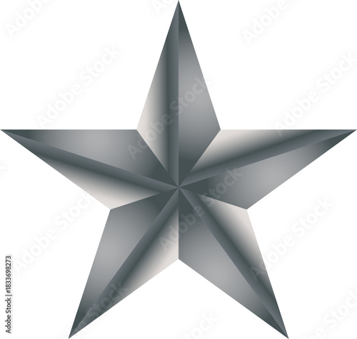 A metallic silver fivepointed star with a threedimensional shaded effect