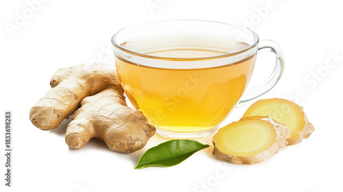 A cup of tea with a slice of ginger