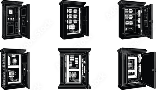 Electrical control panel cabinet set, open switchgear layout, industrial power system design, flat vector
