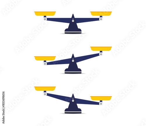 An illustration of three classic balance beam scales demonstrating neutral equilibrium, weight bias left, and weight bias right.
