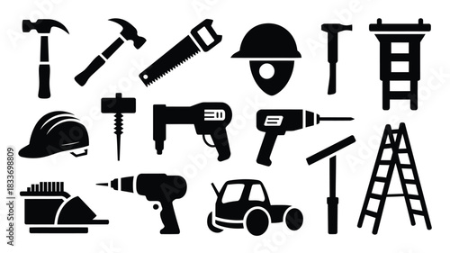 Construction tools vector icon set black glyph design elements for building and repair isolated on white background