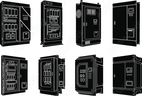 Electrical control panel silhouette set, switchgear cabinet icons, industrial schematic layout, black design, flat vector