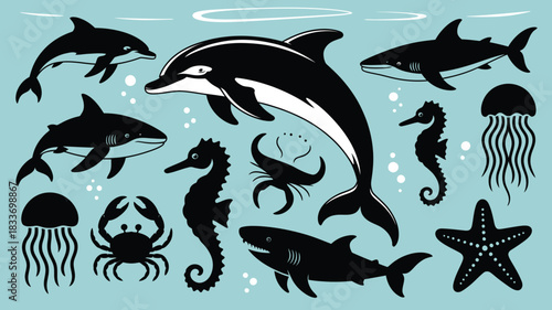 Collection of marine animal silhouettes vector illustration of sea creatures isolated on a blue background