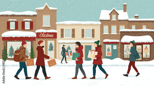 People shopping on a snowy street in a charming town