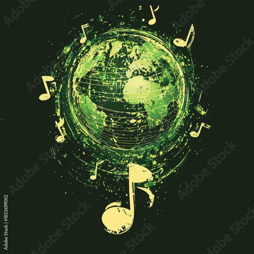 Globe musical note on green background , vector style simple color