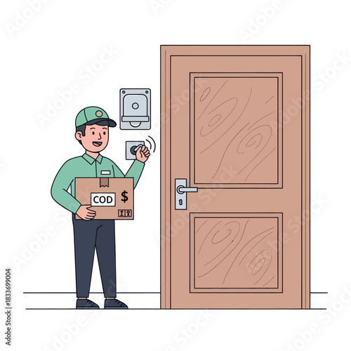 Delivery Man Ringing Doorbell with COD Package Illustration.