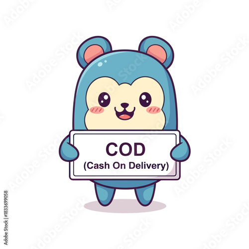 Cute cartoon character holding a COD sign for cash on delivery service.