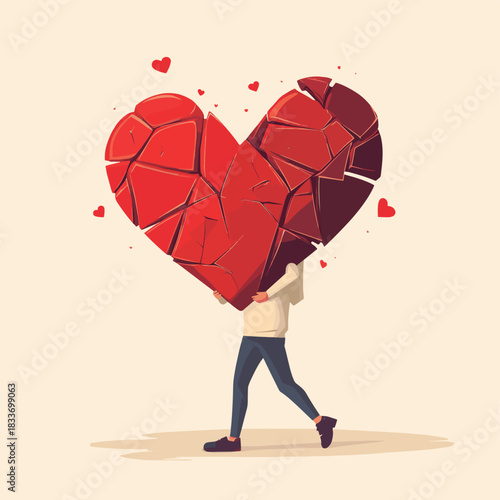 Man carrying large broken heart on back , vector style simple color