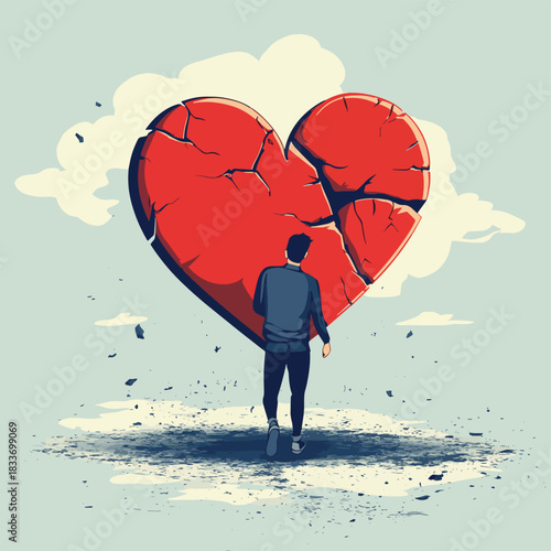 Man carrying large broken heart on back , vector style simple color