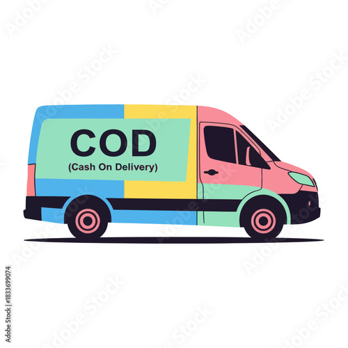 Colorful delivery van with COD text for cash on delivery service.