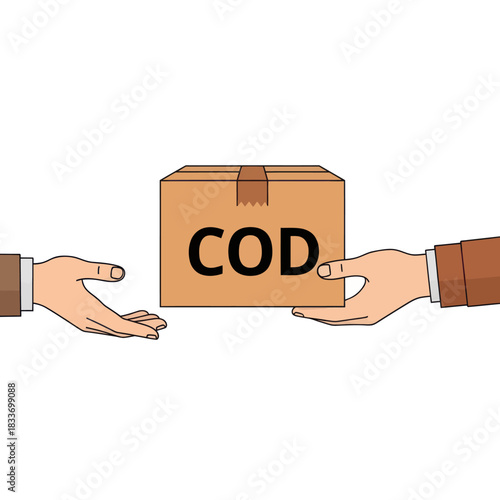 Hands exchanging a package labeled COD cash on delivery concept.