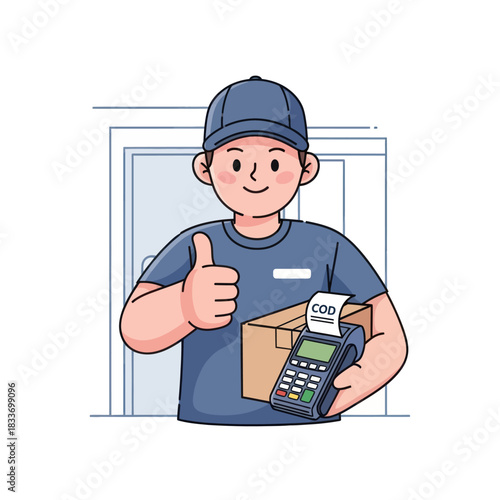 Delivery man holding package and payment terminal with thumbs up gesture.