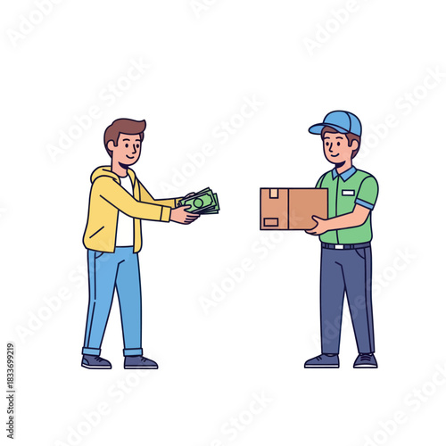 Man paying cash on delivery for a package from a courier.