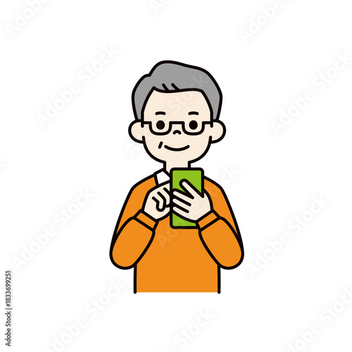 笑顔でスマートフォンを操作する、中高年の男性の上半身ベクターイラスト素材＿カラー