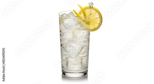 Refreshing Gin and Tonic or Tom Collins Cocktail with Lemon Garnish Isolated on White Background
