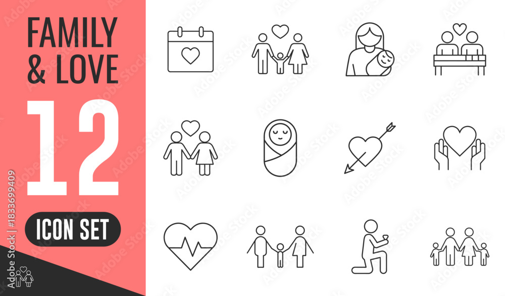 Fototapeta premium Family and Love line icons set. Vector illustration in modern thin line style of relationships related icons. traditional and love couple, family members, symbols of love