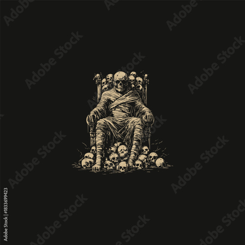 A gruesome and powerful vintage illustration depicting an undead skeletal king, wrapped in mummy bandages, seated on a throne made entirely of human skulls