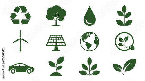 Set of green ecology icons simple flat vector design elements representing environmental conservation and sustainable energy solutions