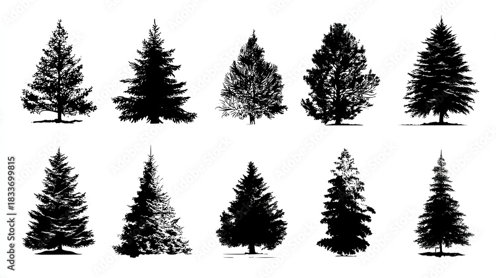 Obraz premium Christmas tree silhouette clipart set. Black Christmas tree drawing clip art collection in white background for xmas season pine tree flat icon decoration vector illustration.
