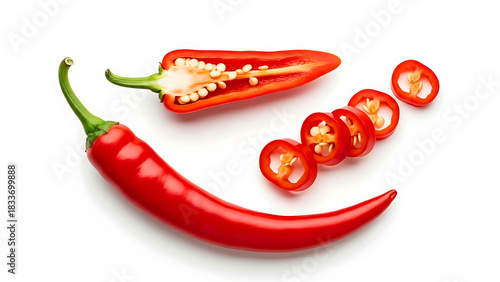 A vibrant arrangement of a whole red chili pepper, a halved chili showing seeds, and several sliced pieces on a bright white background. Great for spicy food, cooking ingredients, and recipe visuals.