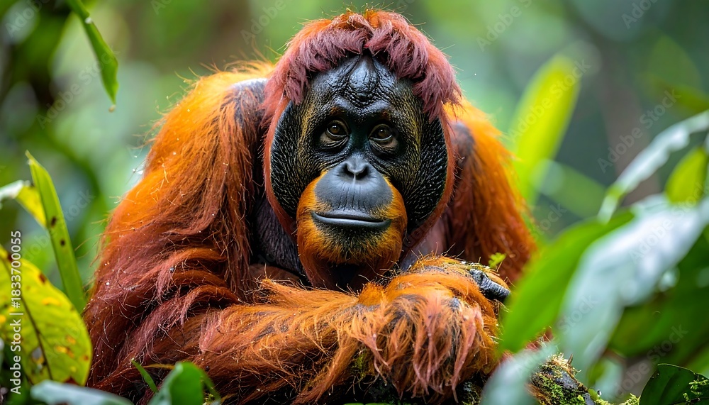 Fototapeta premium Endangered Sumatran orangutan baby portrait in the wild jungle of Borneo, Indonesia, with its brown hairy mother