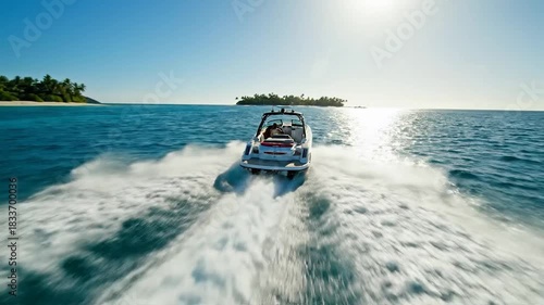 Speedboat racing across turquoise waters near tropical island paradise.