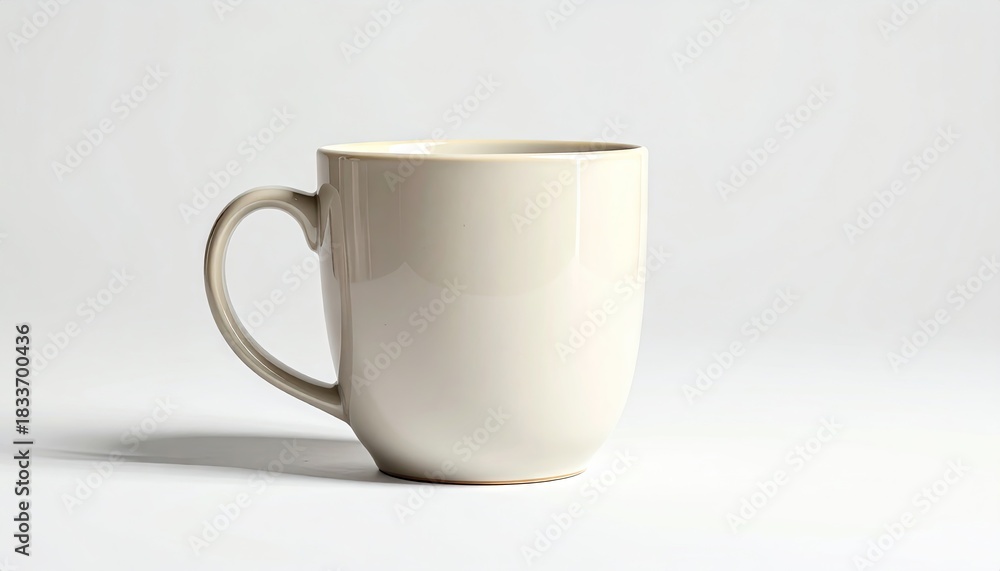 Fototapeta premium and keyword listCeramic Mug Stands Alone on White Surface, Casting Shadow in Studio