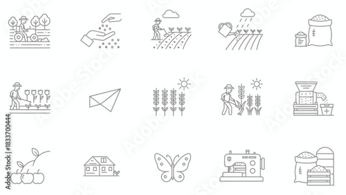 Illustration depicting farming activities, sewing machine, butterfly, paper plane, and house in line art