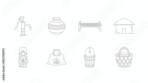 Illustration of rural life objects including water pump, pot, bed, hut, lantern, stove, bucket, and basket