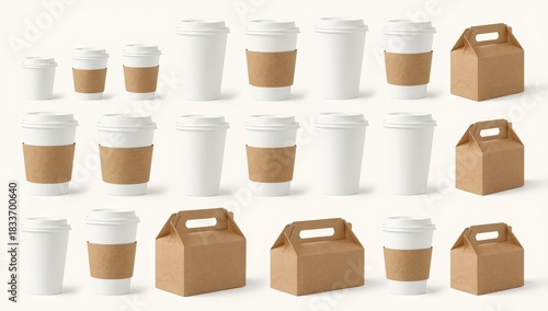 Diverse array of disposable coffee cups with lids and brown paper sleeves, alongside brown paper carry-out food boxes, presented on a soft, neutral background in a  setting.