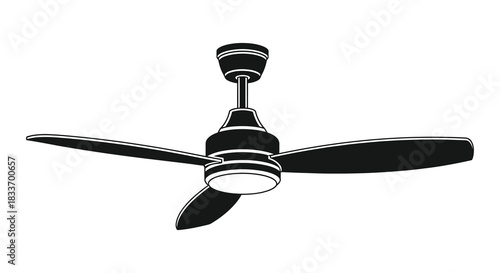 A black and white illustration of a modern ceiling fan with four blades silhouette