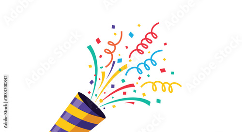 A cheerful illustration of a party popper bursting with a vibrant explosion of colorful confetti and curled streamers, symbolizing celebration.