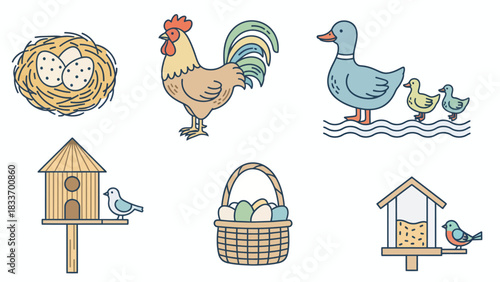 Illustration showing a nest with eggs, a rooster, a duck with ducklings, birdhouses, and a basket of eggs